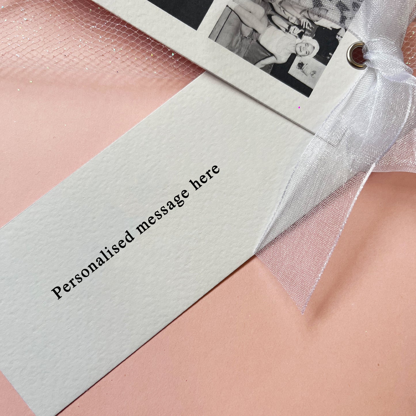 Luxury customised text card with white ribbon, photo strip, black and white photos, perfect for bridesmaids.