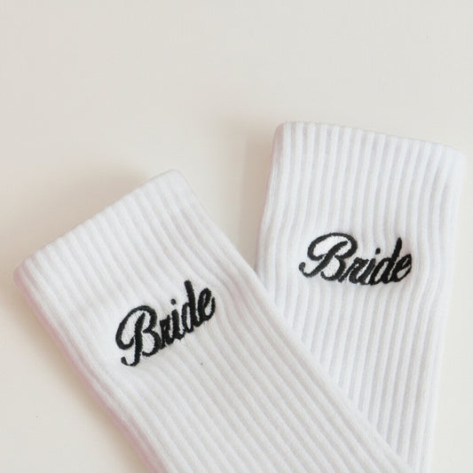 White crew socks with 'Bride' embroidery in black