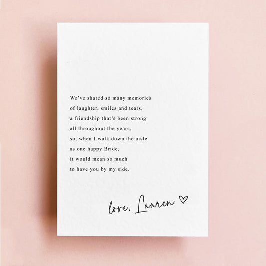 Custom photo bridesmaid card with front name personalisation and poem on the back – signed with love and heart