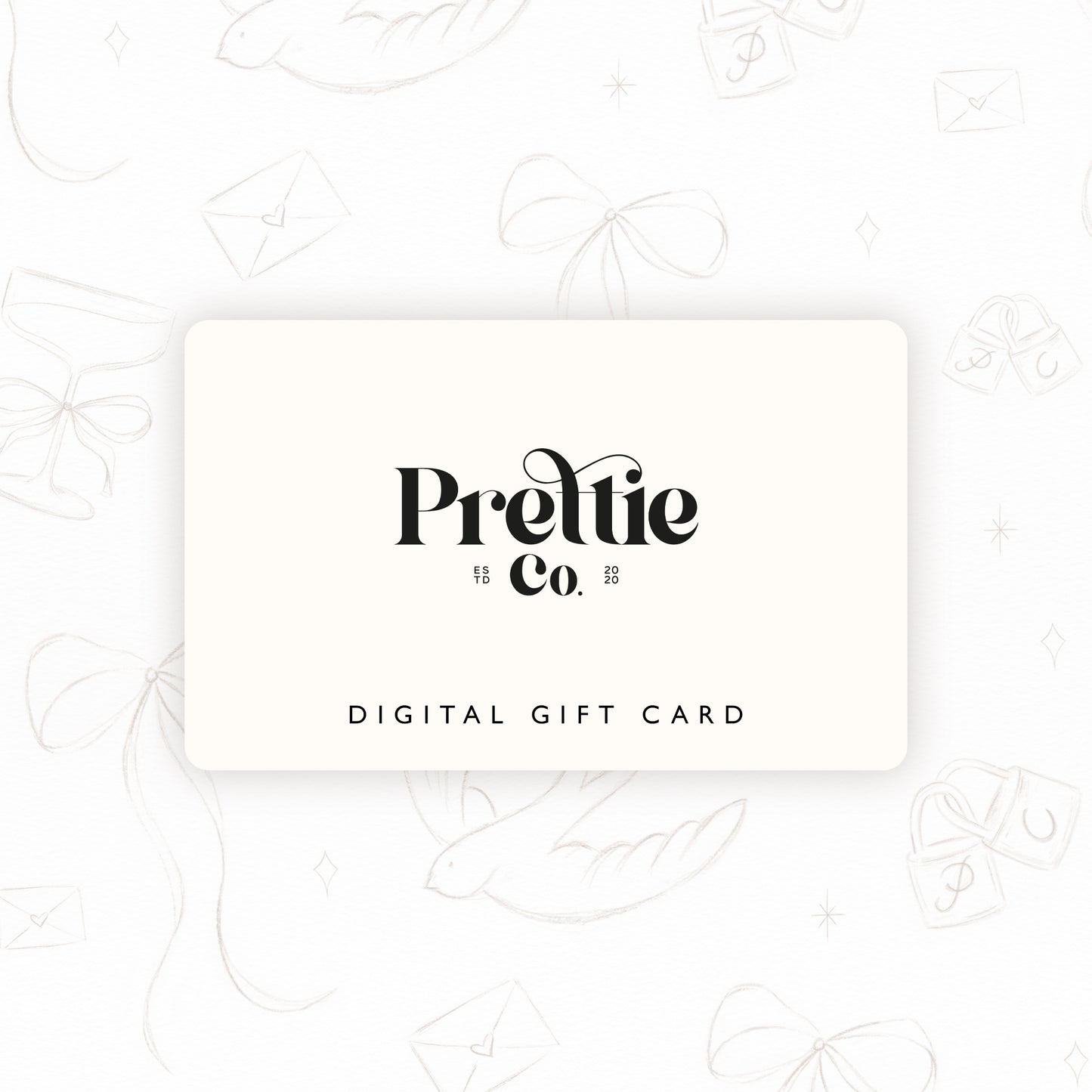 Digital gift card with 'Prettie Co.' branding on a white background