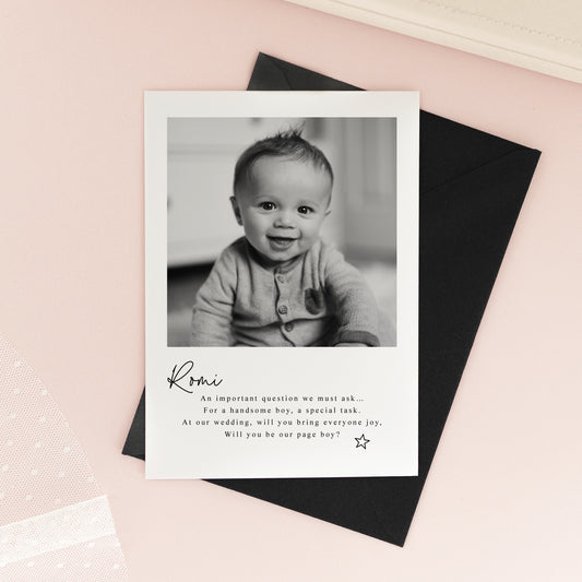 Personalised luxury page boy proposal photo-card