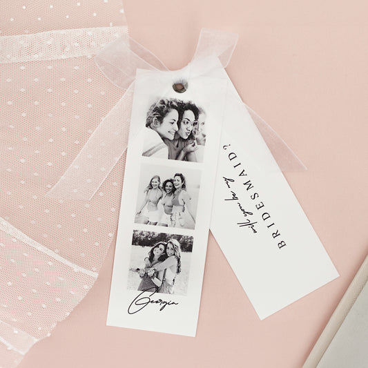 Luxury personalised proposal card with white ribbon, photo strip, black and white photos, perfect for bridesmaids.