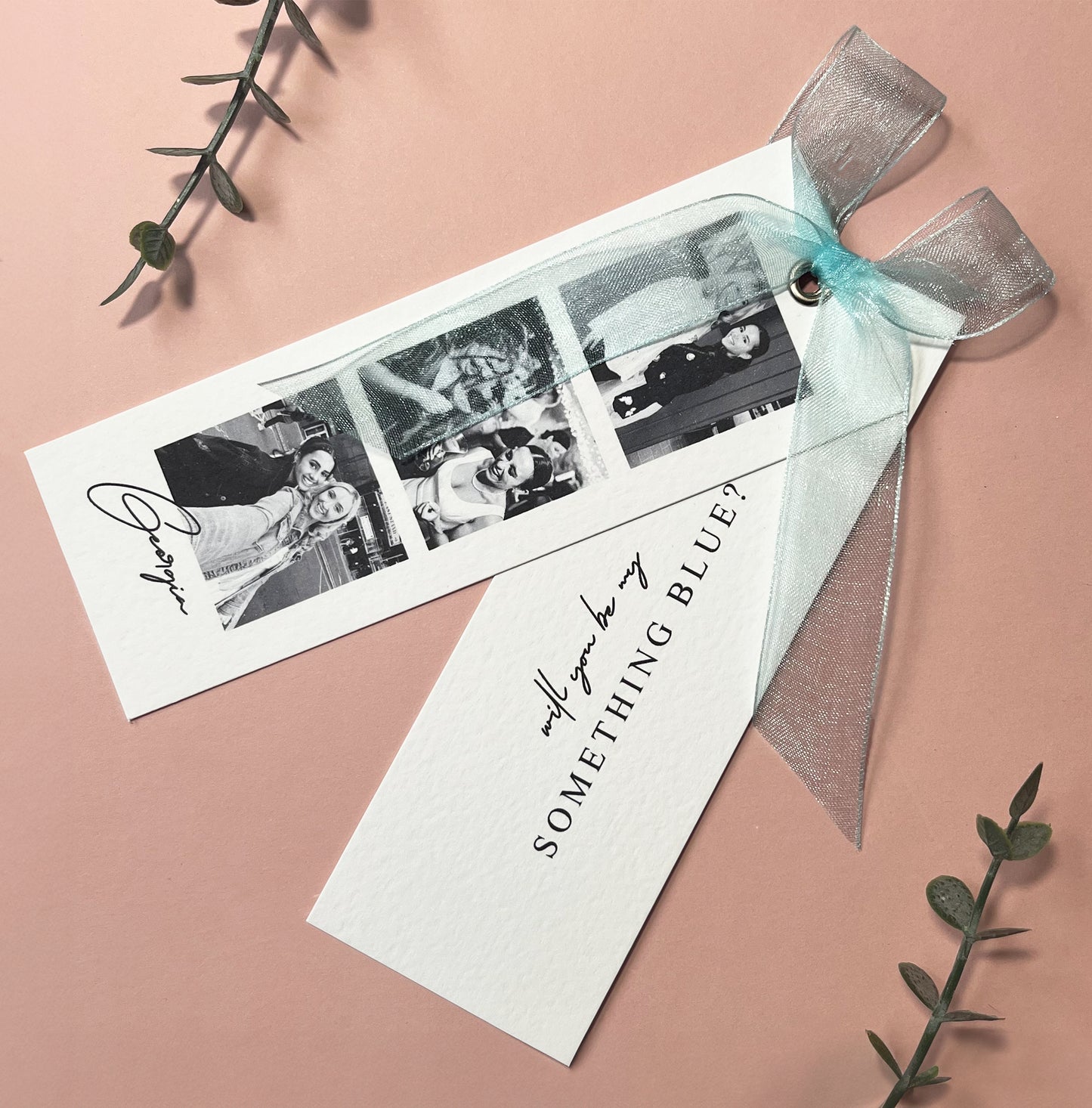 Luxury 'Something Blue' proposal card with blue ribbon, photo strip, and pink background, perfect for bridesmaids.