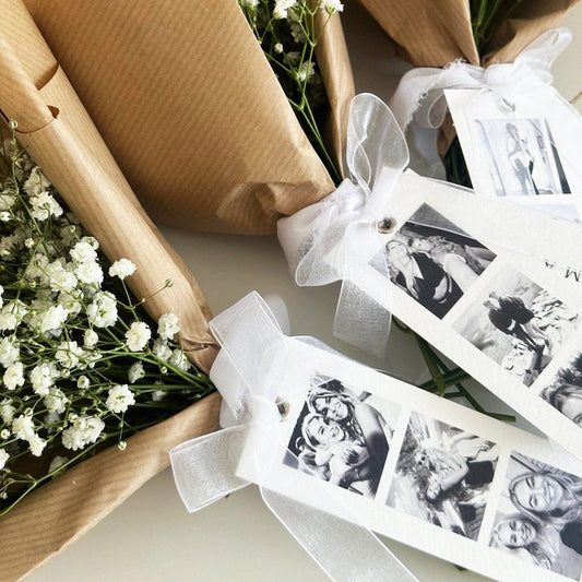 Bridesmaid proposal cards and gifts laid out on a flat surface