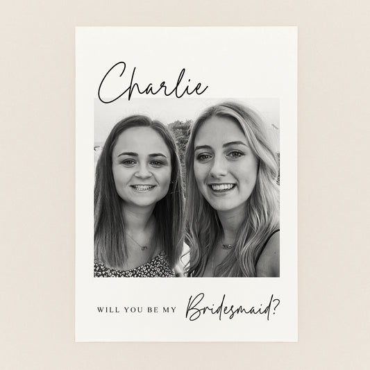A personalized bridal shower or bachelorette card featuring a black and white photo. Personalised with a name at the top and will you be my bridesmaid at the bottom