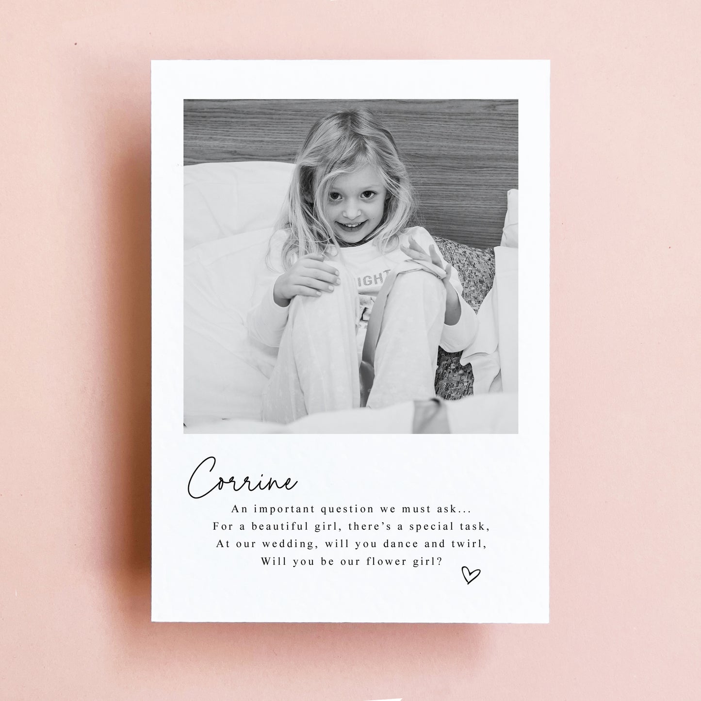 Personalised photo flower girl postcard with proposal message. Printed on premium Italian card stock.