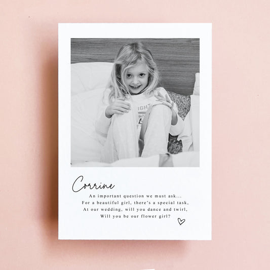 Personalised photo flower girl postcard with proposal message. Printed on premium Italian card stock.