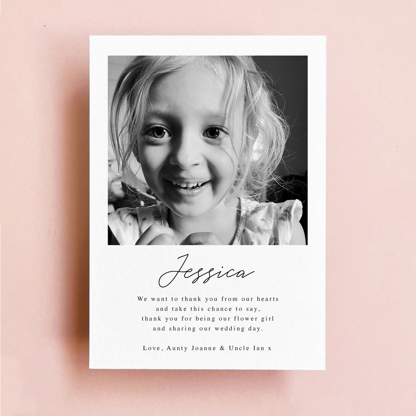 Black and white personalised photo thank you flower girl card