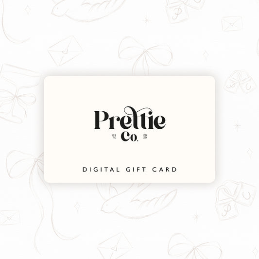 Digital gift card with 'Prettie Co.' branding on a white background