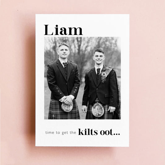 Black and white, personalised  scottish groomsman proposal card. 