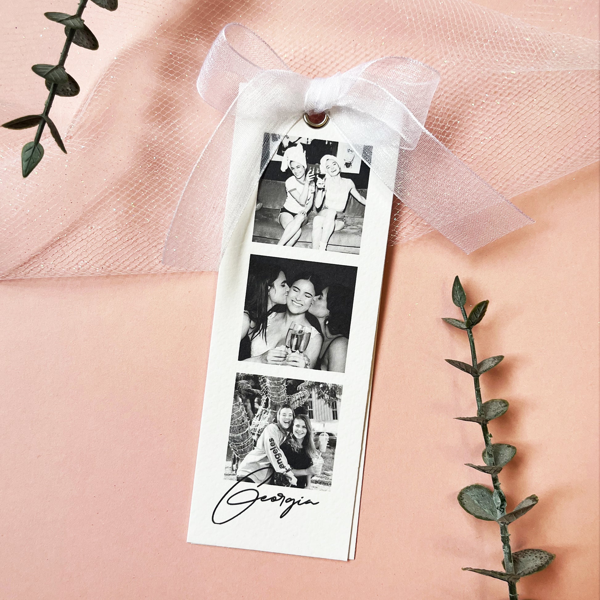 Personalised luxury bridesmaid proposal or thank you photo-card with white ribbon, custom photo strip, and elegant design.