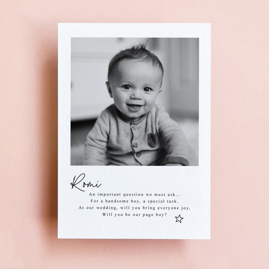 A6 size black and white photocard page boy proposal card. Features name and cute poem.