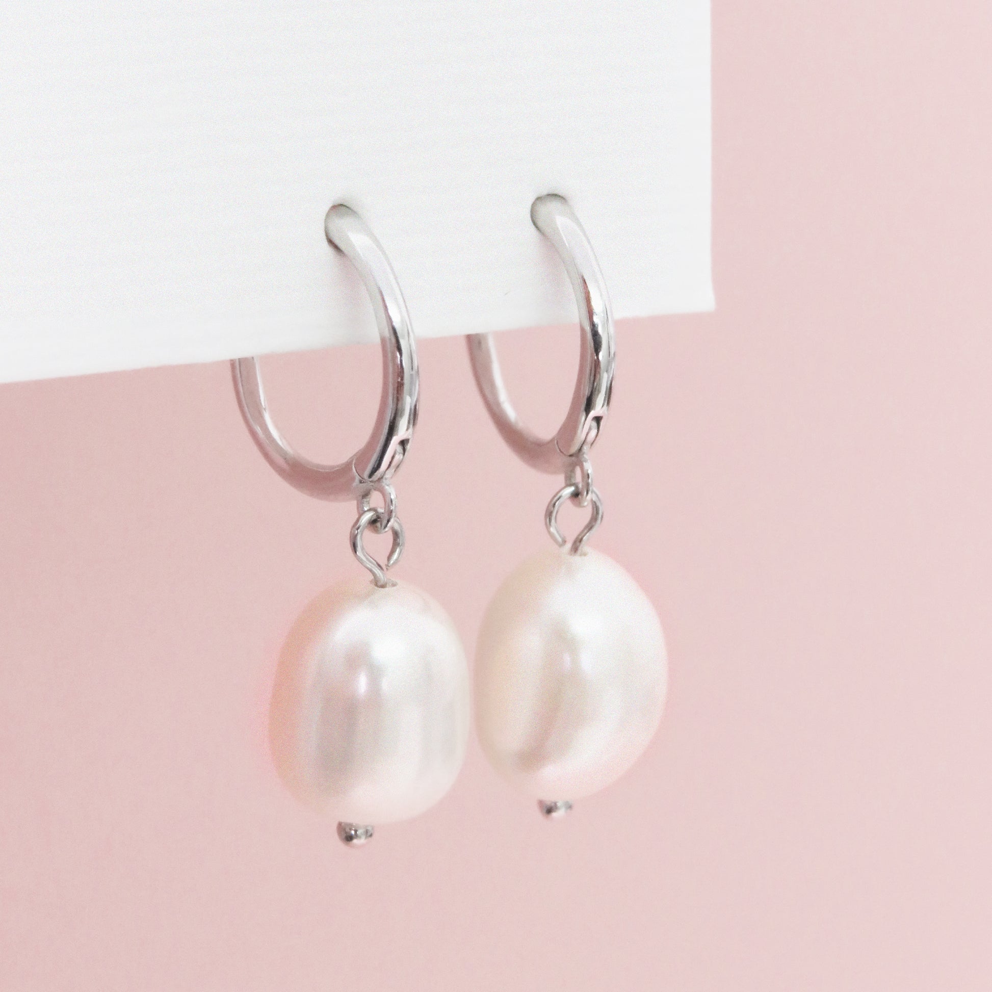 silver pearl drop hoop earrings