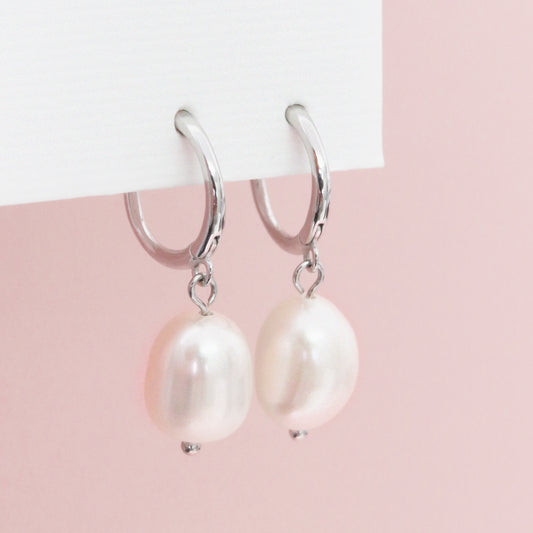 silver pearl drop hoop earrings