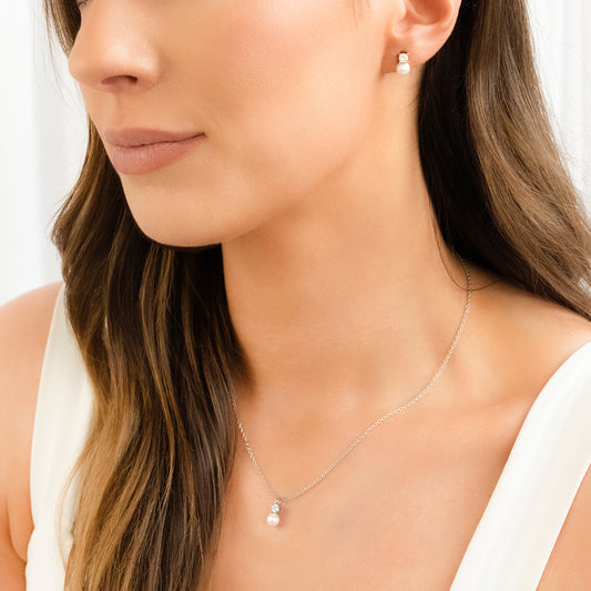 Sterling Silver Pearl Drop Earring & Necklace Set
