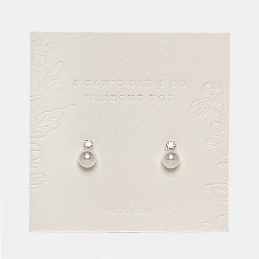 Pearl drop stud earrings on embossed PrettieCo backing card