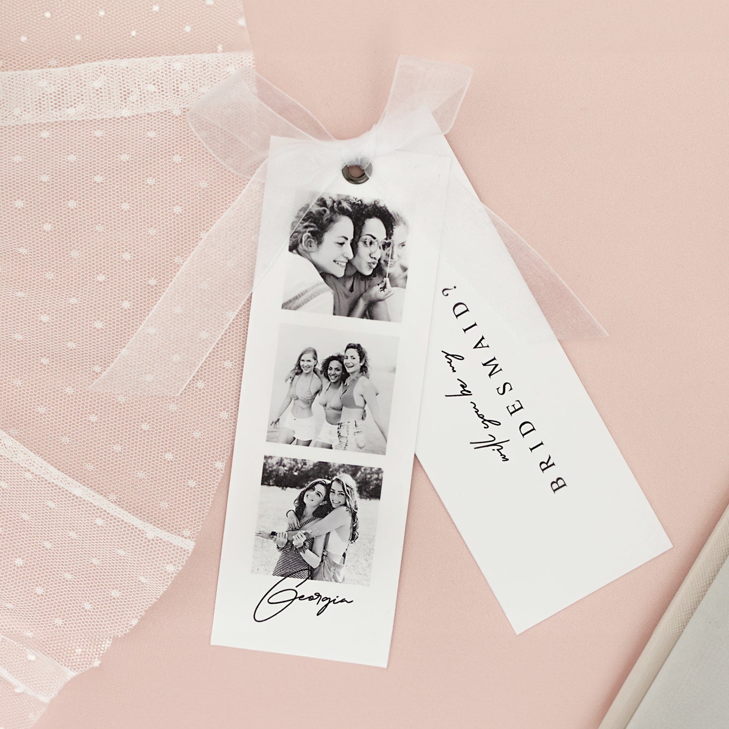 Luxury personalised proposal card with white ribbon, photo strip, black and white photos, perfect for bridesmaids. 