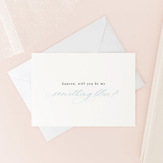 Personalised luxury 'Something Blue' wedding card – elegant blue script font, with custom name, perfect something blue wedding tradition, and sentimental stationery