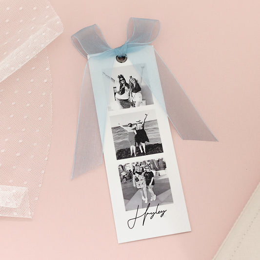 Luxury 'Something Blue' proposal card with blue ribbon, photo strip, black and white photos, perfect for bridesmaids.