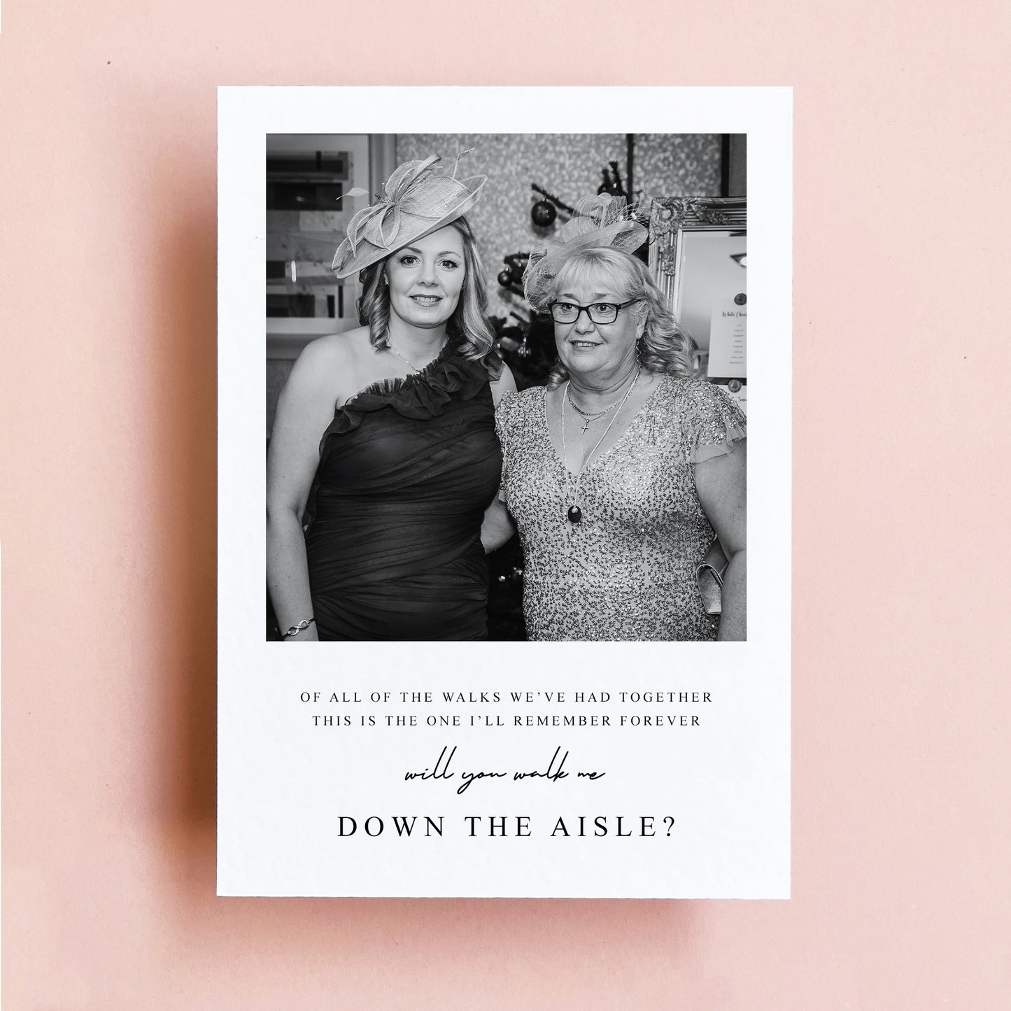 Walk me down the aisle black and white personalised photo card