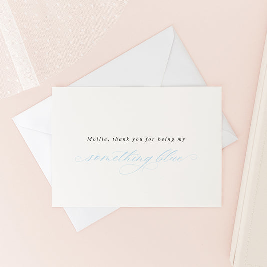 Personalised luxury 'Something Blue' wedding card – elegant blue script font, with custom name, perfect something blue wedding tradition, and sentimental stationery